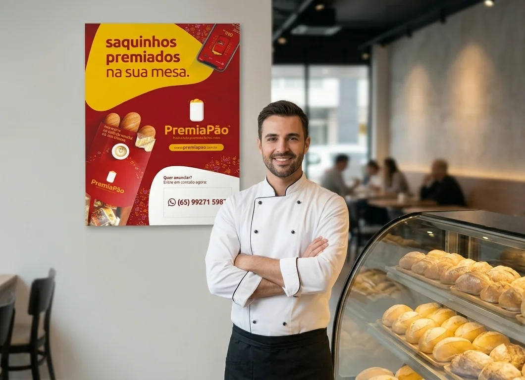 Padeiro parceiro ao lado do cartaz da Premia Pão na padaria